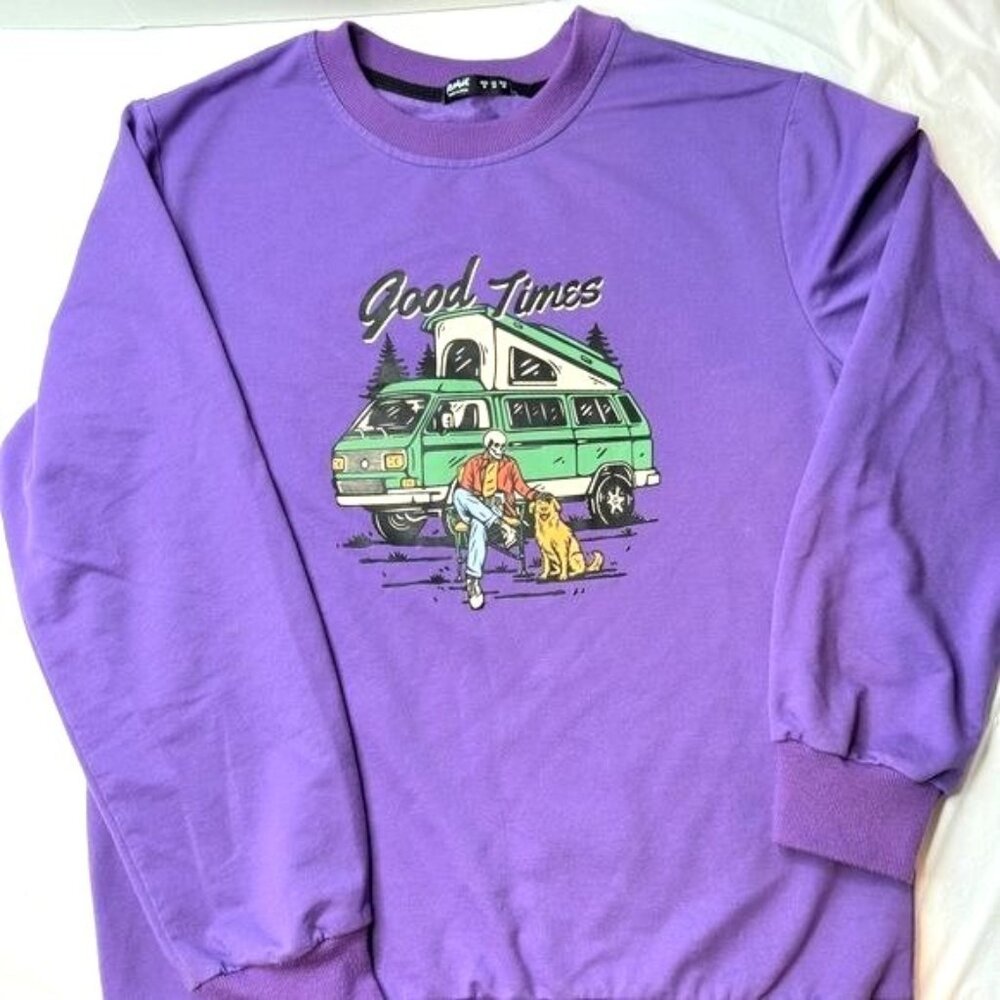 RoMwe Graphic Sweatshirt Purple Skull Man Dog Old Camper Long Sleeves Men Med
